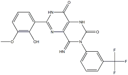 6-(2-Hydroxy-3-methoxyphenyl)-4-imino-3-(3-(trifluoromethyl)phenyl)-1,3,7-trihydro-5,7-diazaquinazoline-2,8-dione Struktur