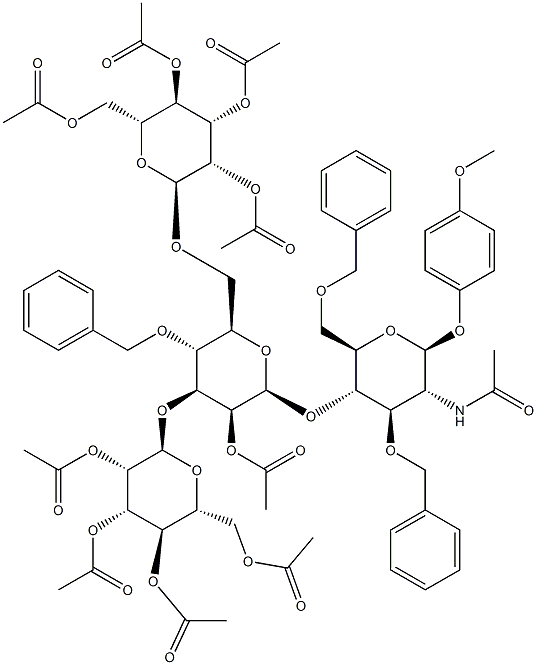 4-Methoxyphenyl 2-acetamido-4-O-[2-O-acetyl-3,6-di-O-(2,3,4,6-tetra-O-acetyl-a-D-mannopyranosyl)-4-O-benzyl-b-D-mannopyranosyl]-3,6-di-O-benzyl-2-deoxy-b-D-glucopyranoside Struktur