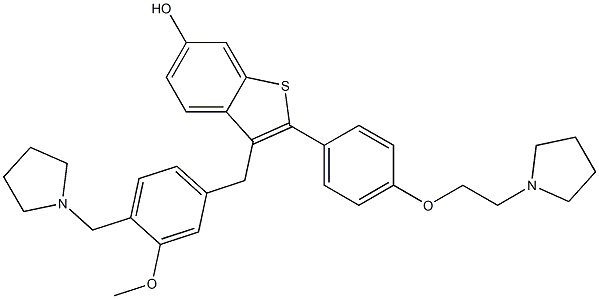 6-hydroxy-3-(3-methoxy-4-((1-pyrrolidinyl)methyl)benzyl)-2-(4-(2-(1-pyrrolidinyl)ethoxy)phenyl)benzo(b)thiophene Struktur