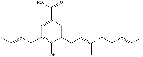 3-geranyl-4-hydroxy-5-(3'-methyl-2'-butenyl)benzoic acid Struktur