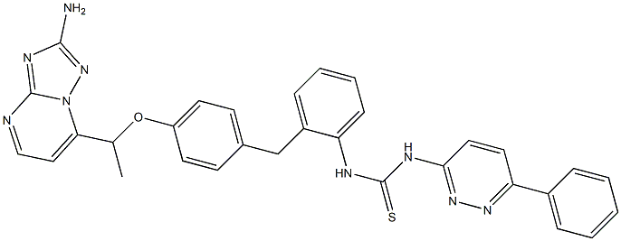 3-[2-[[4-[1-(8-amino-1,5,7,9-tetrazabicyclo[4.3.0]nona-2,4,6,8-tetraen-2-yl)ethoxy]phenyl]methyl]phenyl]-1-(6-phenylpyridazin-3-yl)thiourea Struktur