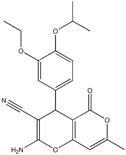 2-amino-4-(3-ethoxy-4-isopropoxyphenyl)-7-methyl-5-oxo-4H,5H-pyrano[4,3-b]pyran-3-carbonitrile Struktur