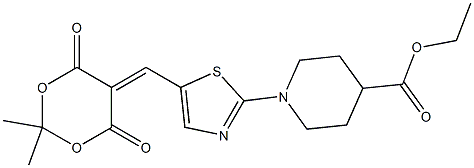 ethyl 1-{5-[(2,2-dimethyl-4,6-dioxo-1,3-dioxan-5-yliden)methyl]-1,3-thiazol-2-yl}-4-piperidinecarboxylate Struktur