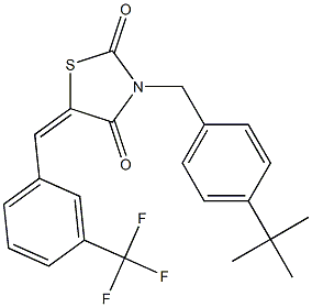 3-[4-(tert-butyl)benzyl]-5-{(E)-[3-(trifluoromethyl)phenyl]methylidene}-1,3-thiazolane-2,4-dione Struktur