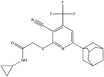 2-{[6-(1-adamantyl)-3-cyano-4-(trifluoromethyl)-2-pyridinyl]sulfanyl}-N-cyclopropylacetamide Struktur