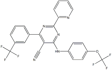 2-(2-pyridinyl)-4-[4-(trifluoromethoxy)anilino]-6-[3-(trifluoromethyl)phenyl]-5-pyrimidinecarbonitrile Struktur