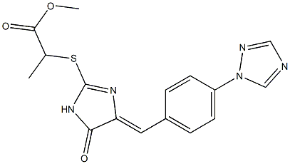 methyl 2-[(5-oxo-4-{(E)-[4-(1H-1,2,4-triazol-1-yl)phenyl]methylidene}-4,5-dihydro-1H-imidazol-2-yl)sulfanyl]propanoate Struktur