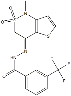 N'-[1-methyl-2,2-dioxo-2,3-dihydro-2lambda~6~-thieno[3,2-c][1,2]thiazin-4(1H)-yliden]-3-(trifluoromethyl)benzenecarbohydrazide Struktur