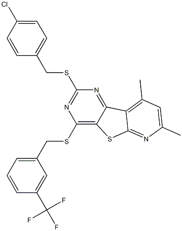 4-chlorobenzyl 7,9-dimethyl-4-{[3-(trifluoromethyl)benzyl]sulfanyl}pyrido[3',2':4,5]thieno[3,2-d]pyrimidin-2-yl sulfide Struktur