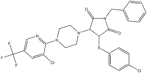 1-benzyl-3-[(4-chlorophenyl)sulfanyl]-4-{4-[3-chloro-5-(trifluoromethyl)-2-pyridinyl]piperazino}dihydro-1H-pyrrole-2,5-dione Struktur