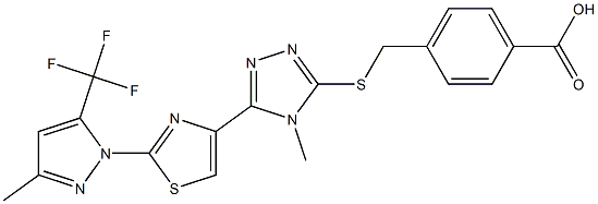 4-{[(4-methyl-5-{2-[3-methyl-5-(trifluoromethyl)-1H-pyrazol-1-yl]-1,3-thiazol-4-yl}-4H-1,2,4-triazol-3-yl)sulfanyl]methyl}benzenecarboxylic acid Struktur