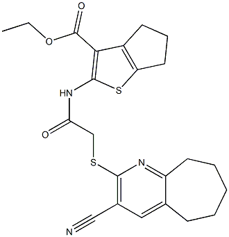 ethyl 2-({2-[(3-cyano-6,7,8,9-tetrahydro-5H-cyclohepta[b]pyridin-2-yl)sulfanyl]acetyl}amino)-5,6-dihydro-4H-cyclopenta[b]thiophene-3-carboxylate Struktur