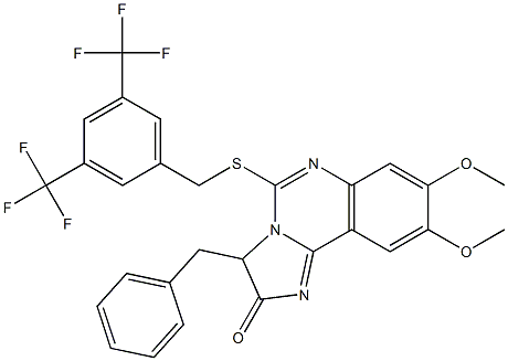 3-benzyl-5-{[3,5-bis(trifluoromethyl)benzyl]sulfanyl}-8,9-dimethoxyimidazo[1,2-c]quinazolin-2(3H)-one Struktur