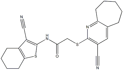 N-(3-cyano-4,5,6,7-tetrahydro-1-benzothiophen-2-yl)-2-[(3-cyano-6,7,8,9-tetrahydro-5H-cyclohepta[b]pyridin-2-yl)sulfanyl]acetamide Struktur