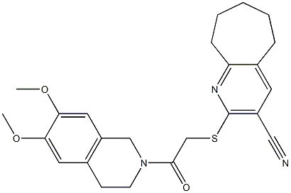 2-({2-[6,7-dimethoxy-3,4-dihydro-2(1H)-isoquinolinyl]-2-oxoethyl}sulfanyl)-6,7,8,9-tetrahydro-5H-cyclohepta[b]pyridine-3-carbonitrile Struktur