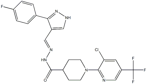 1-[3-chloro-5-(trifluoromethyl)-2-pyridinyl]-N'-{(E)-[3-(4-fluorophenyl)-1H-pyrazol-4-yl]methylidene}-4-piperidinecarbohydrazide Struktur