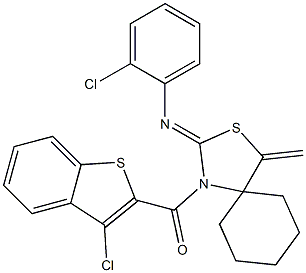 (3-chlorobenzo[b]thiophen-2-yl){2-[(2-chlorophenyl)imino]-4-methylidene-3-thia-1-azaspiro[4.5]dec-1-yl}methanone Struktur