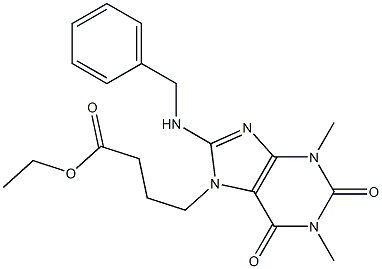 ethyl 4-[8-(benzylamino)-1,3-dimethyl-2,6-dioxo-2,3,6,7-tetrahydro-1H-purin-7-yl]butanoate Struktur