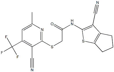 N-(3-cyano-5,6-dihydro-4H-cyclopenta[b]thiophen-2-yl)-2-{[3-cyano-6-methyl-4-(trifluoromethyl)-2-pyridinyl]sulfanyl}acetamide Struktur