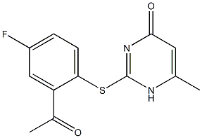 2-[(2-acetyl-4-fluorophenyl)sulfanyl]-6-methyl-1,4-dihydropyrimidin-4-one Struktur