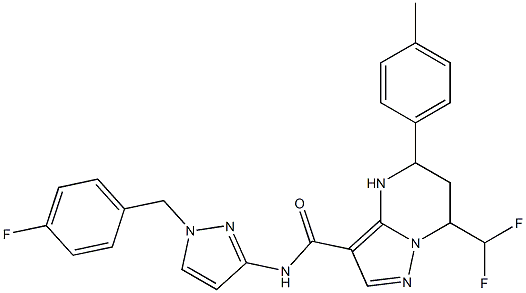 7-(difluoromethyl)-N-[1-(4-fluorobenzyl)-1H-pyrazol-3-yl]-5-(4-methylphenyl)-4,5,6,7-tetrahydropyrazolo[1,5-a]pyrimidine-3-carboxamide Struktur