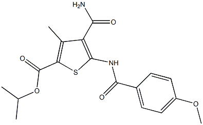 isopropyl 4-(aminocarbonyl)-5-[(4-methoxybenzoyl)amino]-3-methyl-2-thiophenecarboxylate Struktur