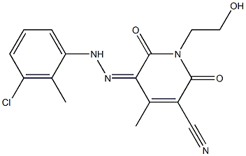 5-[(3-chloro-2-methylphenyl)hydrazono]-1-(2-hydroxyethyl)-4-methyl-2,6-dioxo-1,2,5,6-tetrahydro-3-pyridinecarbonitrile Struktur