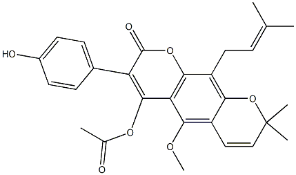 3-(4-hydroxyphenyl)-5-methoxy-8,8-dimethyl-10-(3-methyl-2-butenyl)-2-oxo-2H,8H-pyrano[3,2-g]chromen-4-yl acetate Struktur