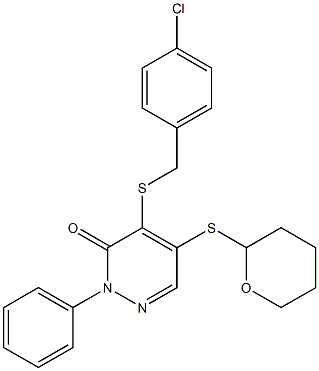 4-[(4-chlorobenzyl)sulfanyl]-2-phenyl-5-(tetrahydro-2H-pyran-2-ylsulfanyl)-3(2H)-pyridazinone Struktur