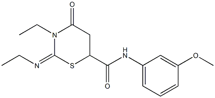 3-ethyl-2-(ethylimino)-N-(3-methoxyphenyl)-4-oxo-1,3-thiazinane-6-carboxamide Struktur