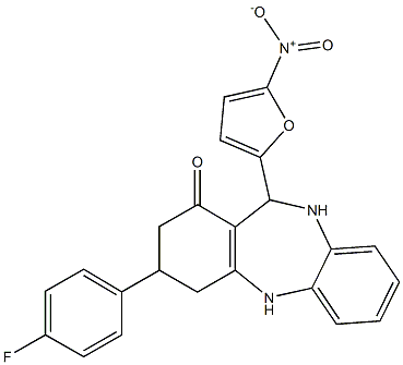 3-(4-fluorophenyl)-11-{5-nitro-2-furyl}-2,3,4,5,10,11-hexahydro-1H-dibenzo[b,e][1,4]diazepin-1-one Struktur