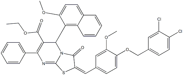 ethyl 2-{4-[(3,4-dichlorobenzyl)oxy]-3-methoxybenzylidene}-5-(2-methoxy-1-naphthyl)-3-oxo-7-phenyl-2,3-dihydro-5H-[1,3]thiazolo[3,2-a]pyrimidine-6-carboxylate Struktur