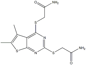 2-({2-[(2-amino-2-oxoethyl)sulfanyl]-5,6-dimethylthieno[2,3-d]pyrimidin-4-yl}sulfanyl)acetamide Struktur