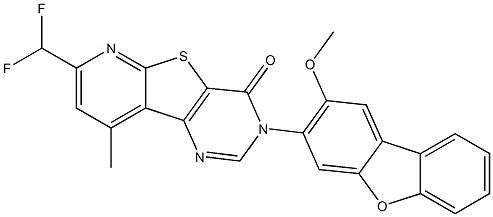 7-(difluoromethyl)-3-(2-methoxydibenzo[b,d]furan-3-yl)-9-methylpyrido[3',2':4,5]thieno[3,2-d]pyrimidin-4(3H)-one Struktur