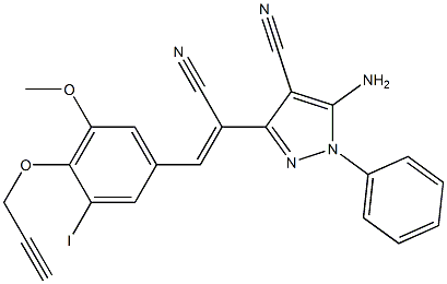 5-amino-3-{1-cyano-2-[3-iodo-5-methoxy-4-(2-propynyloxy)phenyl]vinyl}-1-phenyl-1H-pyrazole-4-carbonitrile Struktur