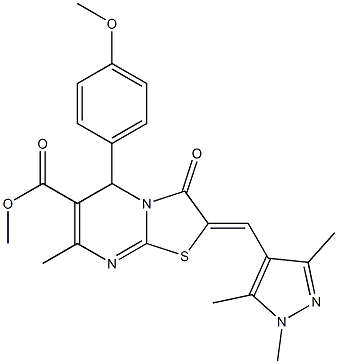 methyl 5-(4-methoxyphenyl)-7-methyl-3-oxo-2-[(1,3,5-trimethyl-1H-pyrazol-4-yl)methylene]-2,3-dihydro-5H-[1,3]thiazolo[3,2-a]pyrimidine-6-carboxylate Struktur