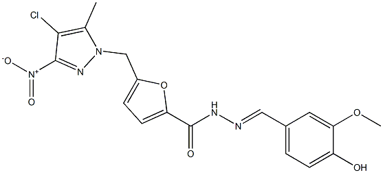 5-({4-chloro-3-nitro-5-methyl-1H-pyrazol-1-yl}methyl)-N'-(4-hydroxy-3-methoxybenzylidene)-2-furohydrazide Struktur