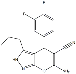 6-amino-4-(3,4-difluorophenyl)-3-propyl-2,4-dihydropyrano[2,3-c]pyrazole-5-carbonitrile Struktur