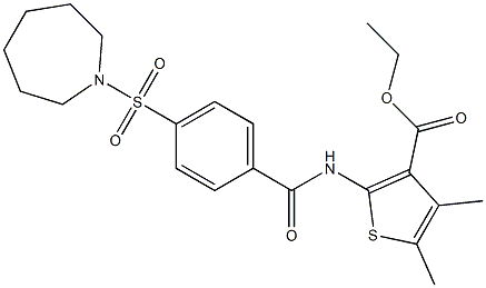 ethyl 2-{[4-(1-azepanylsulfonyl)benzoyl]amino}-4,5-dimethyl-3-thiophenecarboxylate Struktur