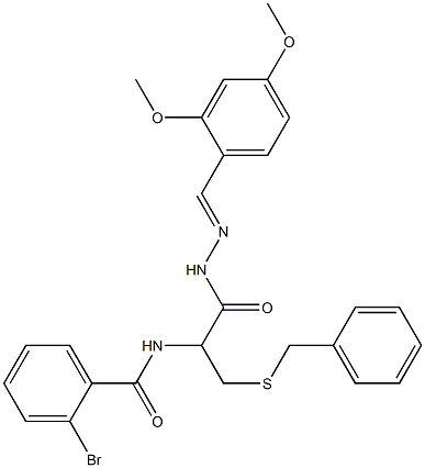 N-{1-[(benzylsulfanyl)methyl]-2-[2-(2,4-dimethoxybenzylidene)hydrazino]-2-oxoethyl}-2-bromobenzamide Struktur