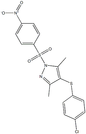 4-[(4-chlorophenyl)sulfanyl]-1-({4-nitrophenyl}sulfonyl)-3,5-dimethyl-1H-pyrazole Struktur