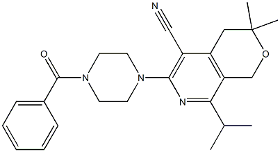 6-(4-benzoyl-1-piperazinyl)-8-isopropyl-3,3-dimethyl-3,4-dihydro-1H-pyrano[3,4-c]pyridine-5-carbonitrile Struktur