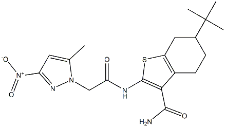 6-tert-butyl-2-[({3-nitro-5-methyl-1H-pyrazol-1-yl}acetyl)amino]-4,5,6,7-tetrahydro-1-benzothiophene-3-carboxamide Struktur