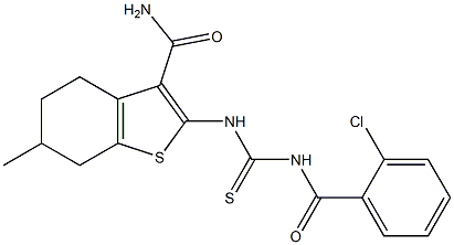 2-({[(2-chlorobenzoyl)amino]carbothioyl}amino)-6-methyl-4,5,6,7-tetrahydro-1-benzothiophene-3-carboxamide Struktur