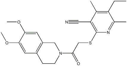 2-{[2-(6,7-dimethoxy-3,4-dihydroisoquinolin-2(1H)-yl)-2-oxoethyl]sulfanyl}-5-ethyl-4,6-dimethylnicotinonitrile Struktur