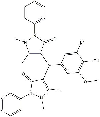 4-[[3-bromo-4-hydroxy-5-(methyloxy)phenyl](1,5-dimethyl-3-oxo-2-phenyl-2,3-dihydro-1H-pyrazol-4-yl)methyl]-1,5-dimethyl-2-phenyl-1,2-dihydro-3H-pyrazol-3-one Struktur