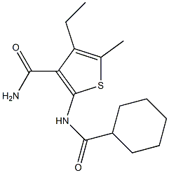 2-[(cyclohexylcarbonyl)amino]-4-ethyl-5-methyl-3-thiophenecarboxamide Struktur