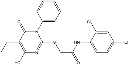 N-(2,4-dichlorophenyl)-2-[(5-ethyl-4-hydroxy-6-oxo-1-phenyl-1,6-dihydro-2-pyrimidinyl)sulfanyl]acetamide Struktur