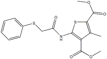 dimethyl 3-methyl-5-{[(phenylsulfanyl)acetyl]amino}thiophene-2,4-dicarboxylate Struktur