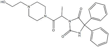 3-{2-[4-(2-hydroxyethyl)-1-piperazinyl]-1-methyl-2-oxoethyl}-5,5-diphenyl-2,4-imidazolidinedione Struktur